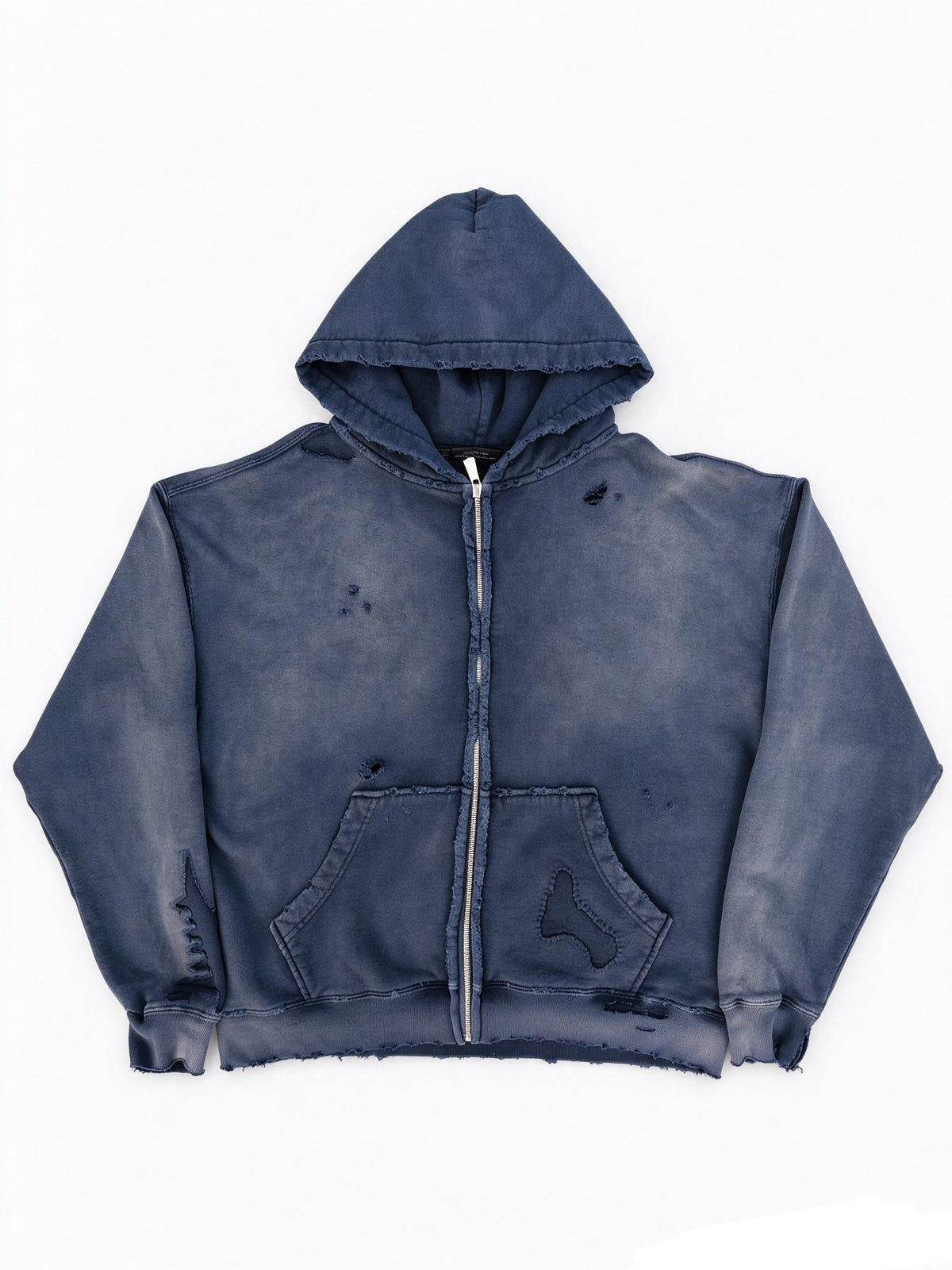 Distressed/Repaired Blue Zip Hoodie